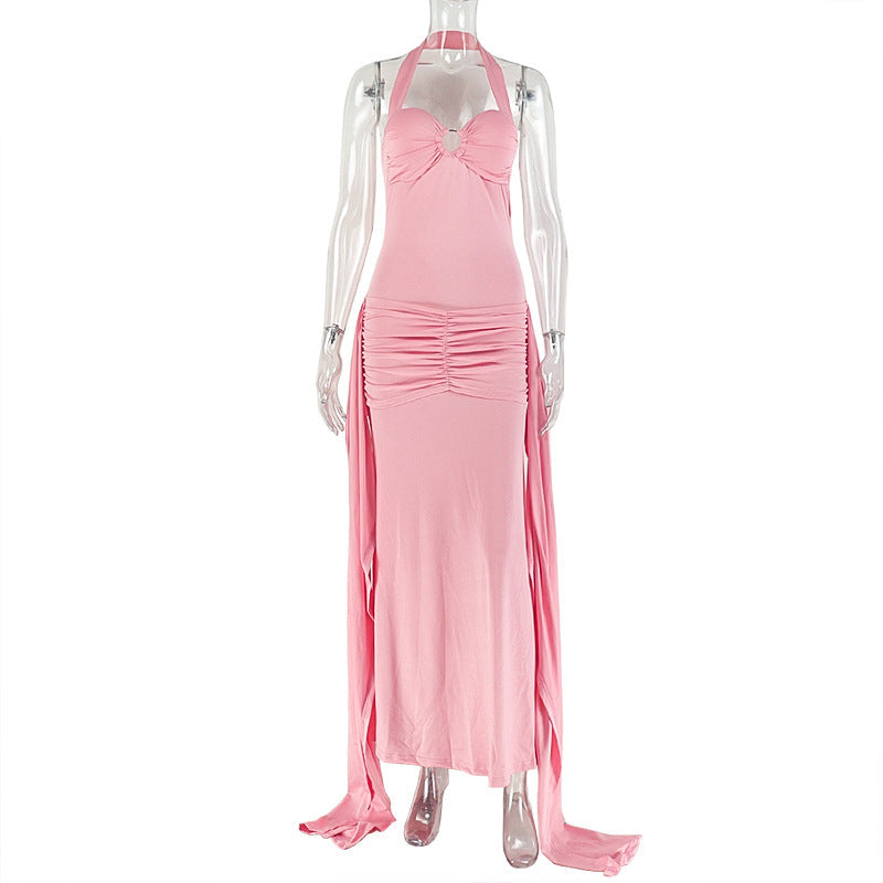Glamorous Pink Halter O-Ring Maxi Dress | Ruched Backless for Autumn Events & Resort Getaways