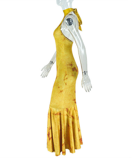 Autumn Glow Halter Mermaid Maxi Dress - Backless & Figure-Flattering Artisan Print