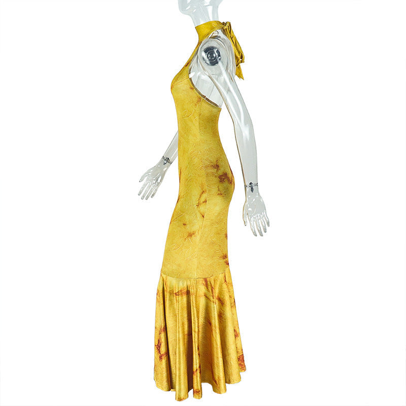 Autumn Glow Halter Mermaid Maxi Dress - Backless & Figure-Flattering Artisan Print