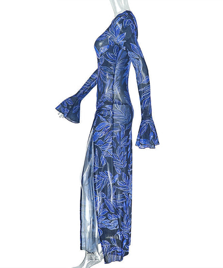 Mesmerizing Blue Leaf Mesh Maxi Dress | Flared Sleeves, Chic Slit & Knot Detail - Perfect for Fall Events & Getaways