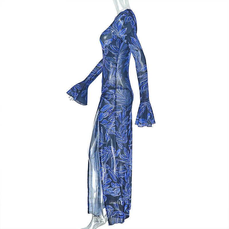Mesmerizing Blue Leaf Mesh Maxi Dress | Flared Sleeves, Chic Slit & Knot Detail - Perfect for Fall Events & Getaways