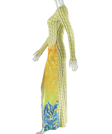 Coastal Chic Long Sleeve Maxi Dress: Ocean Print Knot Detail & High Slit for Your Warm-Weather Getaway