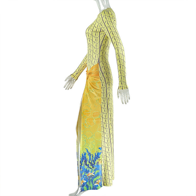 Coastal Chic Long Sleeve Maxi Dress: Ocean Print Knot Detail & High Slit for Your Warm-Weather Getaway