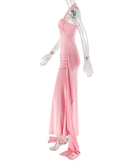 Glamorous Pink Halter O-Ring Maxi Dress | Ruched Backless for Autumn Events & Resort Getaways