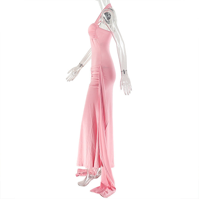Glamorous Pink Halter O-Ring Maxi Dress | Ruched Backless for Autumn Events & Resort Getaways