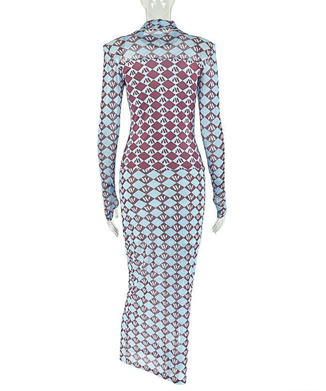 Autumn Chic Geometric Mesh Maxi Dress - Long Sleeve Statement Style