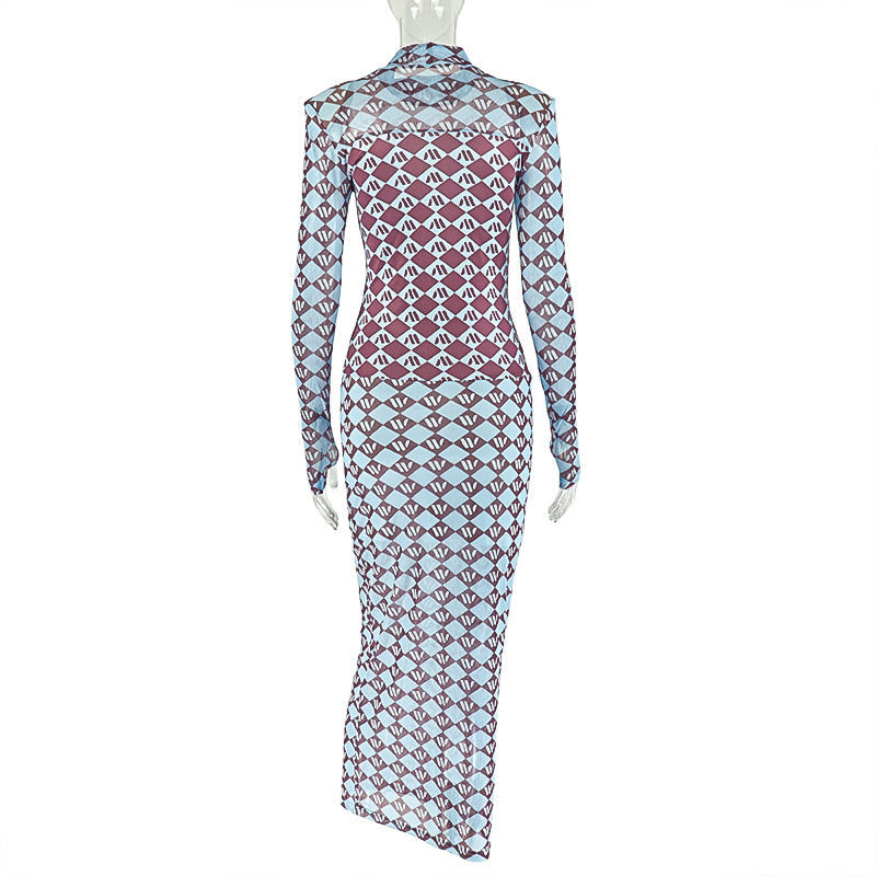 Autumn Chic Geometric Mesh Maxi Dress - Long Sleeve Statement Style
