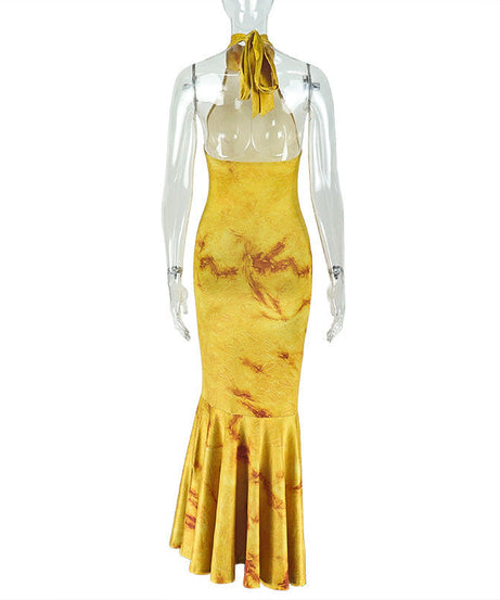Autumn Glow Halter Mermaid Maxi Dress - Backless & Figure-Flattering Artisan Print