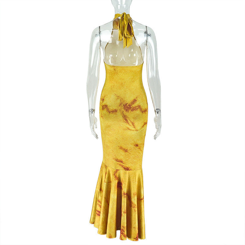 Autumn Glow Halter Mermaid Maxi Dress - Backless & Figure-Flattering Artisan Print