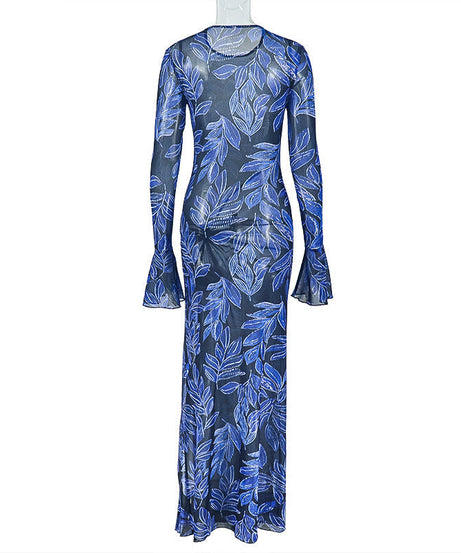Mesmerizing Blue Leaf Mesh Maxi Dress | Flared Sleeves, Chic Slit & Knot Detail - Perfect for Fall Events & Getaways