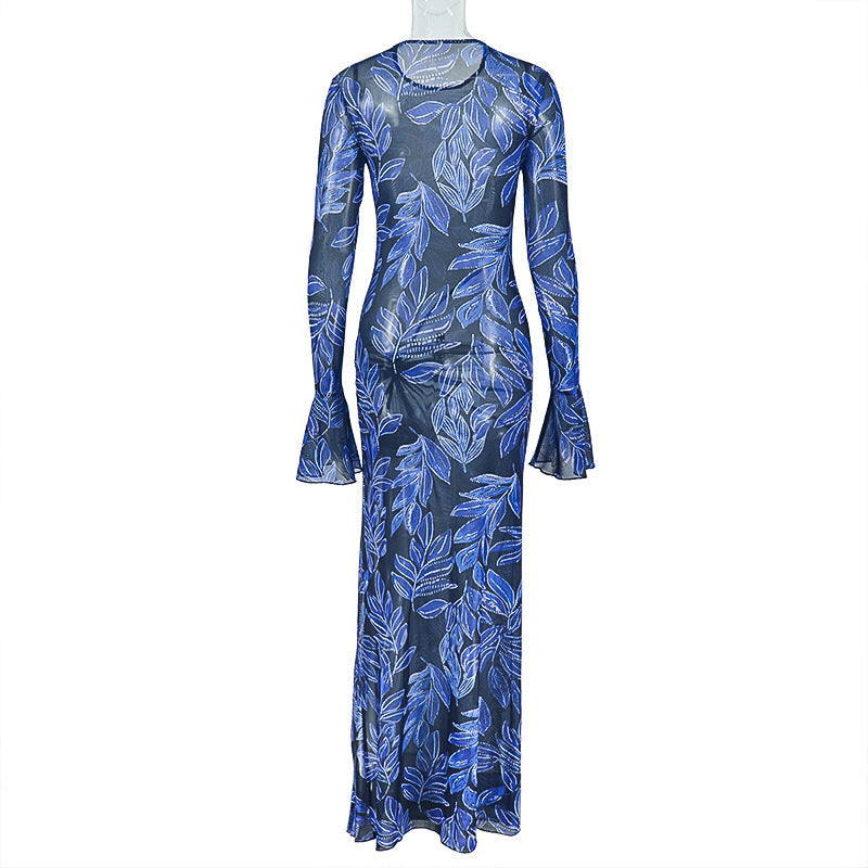 Mesmerizing Blue Leaf Mesh Maxi Dress | Flared Sleeves, Chic Slit & Knot Detail - Perfect for Fall Events & Getaways
