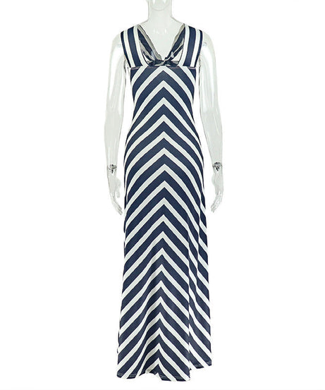 Chic Navy & White Chevron Maxi Dress | Keyhole Twisted Halter for Effortless Style