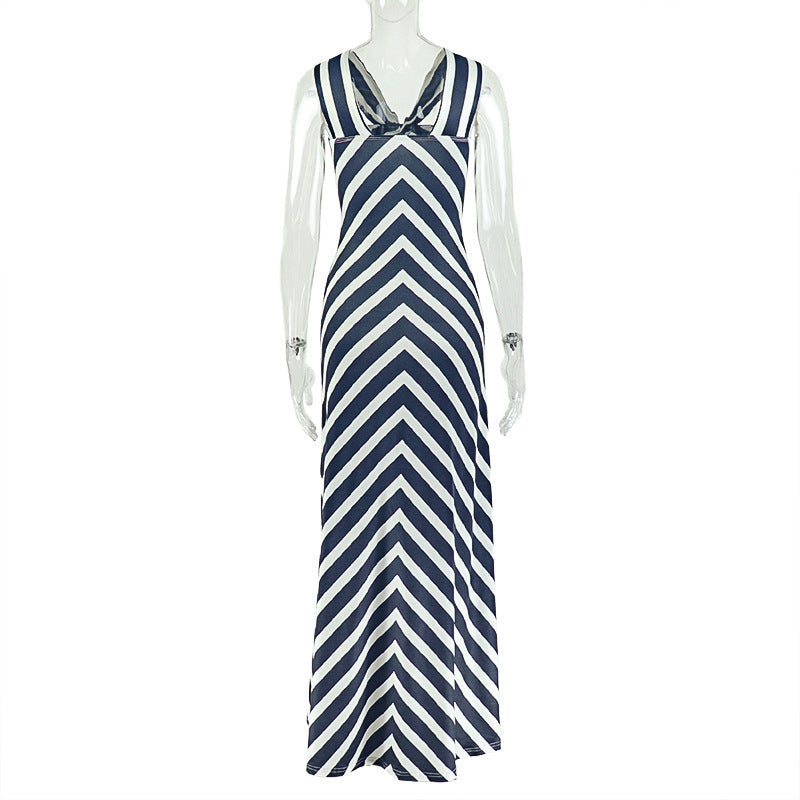 Chic Navy & White Chevron Maxi Dress | Keyhole Twisted Halter for Effortless Style
