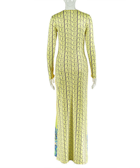 Coastal Chic Long Sleeve Maxi Dress: Ocean Print Knot Detail & High Slit for Your Warm-Weather Getaway