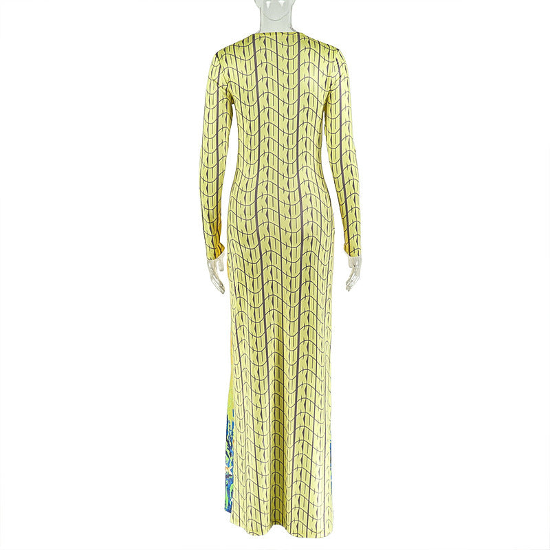 Coastal Chic Long Sleeve Maxi Dress: Ocean Print Knot Detail & High Slit for Your Warm-Weather Getaway
