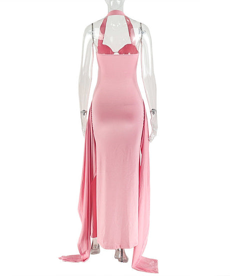 Glamorous Pink Halter O-Ring Maxi Dress | Ruched Backless for Autumn Events & Resort Getaways