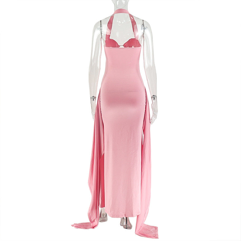 Glamorous Pink Halter O-Ring Maxi Dress | Ruched Backless for Autumn Events & Resort Getaways