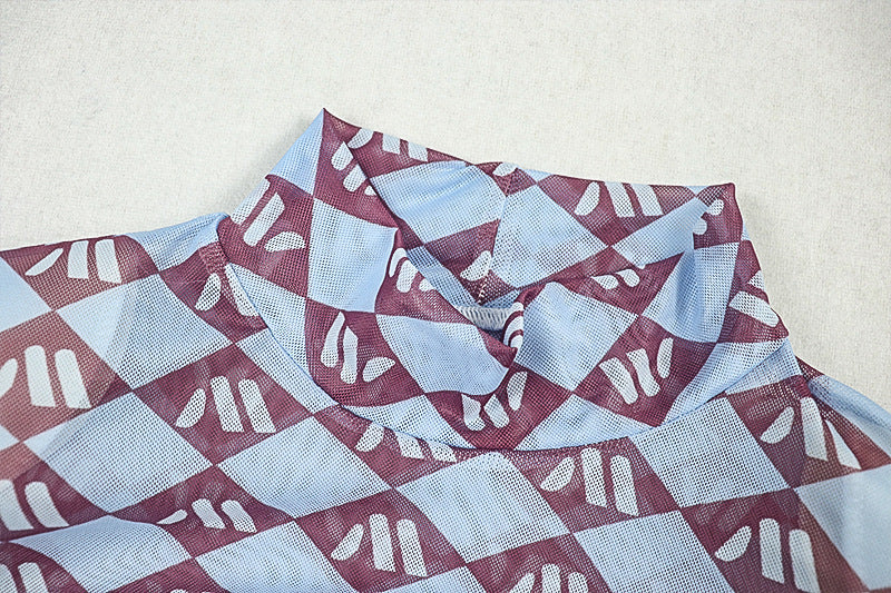 Autumn Chic Geometric Mesh Maxi Dress - Long Sleeve Statement Style