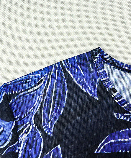 Mesmerizing Blue Leaf Mesh Maxi Dress | Flared Sleeves, Chic Slit & Knot Detail - Perfect for Fall Events & Getaways