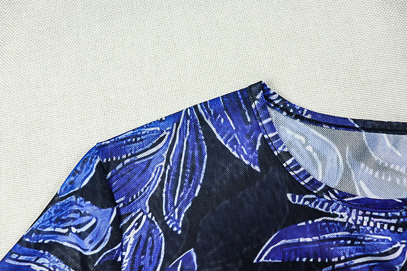 Mesmerizing Blue Leaf Mesh Maxi Dress | Flared Sleeves, Chic Slit & Knot Detail - Perfect for Fall Events & Getaways