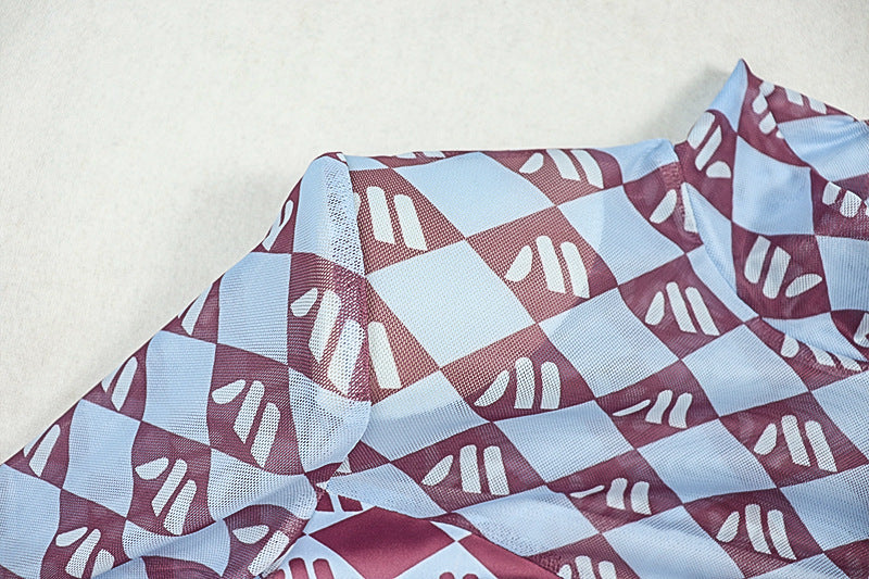 Autumn Chic Geometric Mesh Maxi Dress - Long Sleeve Statement Style