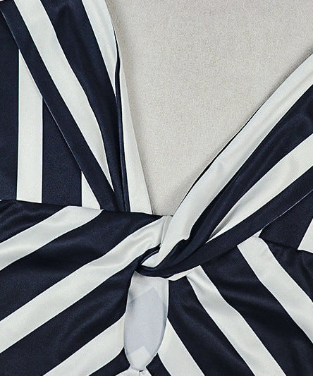 Chic Navy & White Chevron Maxi Dress | Keyhole Twisted Halter for Effortless Style