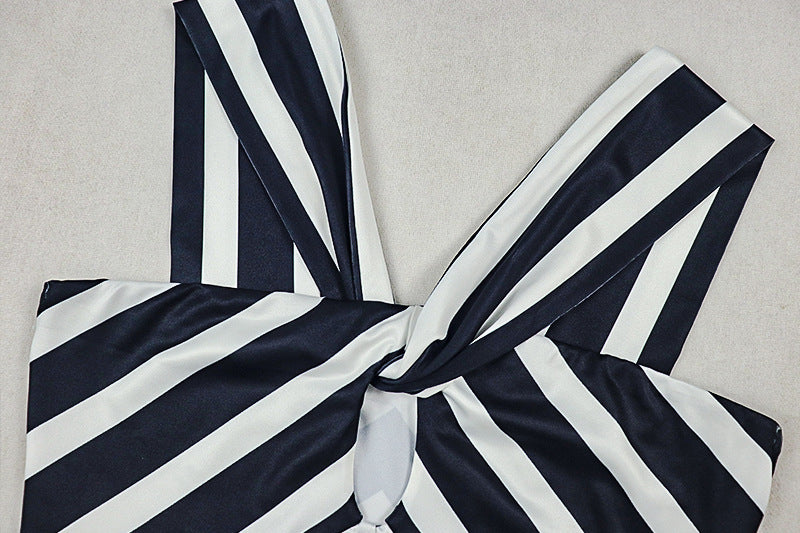 Chic Navy & White Chevron Maxi Dress | Keyhole Twisted Halter for Effortless Style