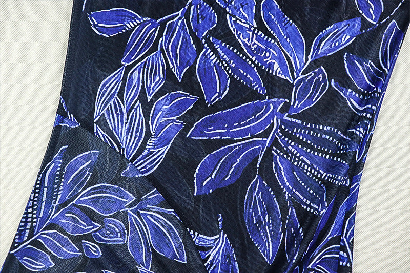 Mesmerizing Blue Leaf Mesh Maxi Dress | Flared Sleeves, Chic Slit & Knot Detail - Perfect for Fall Events & Getaways