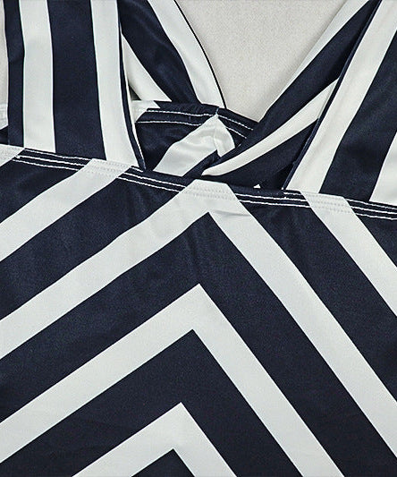 Chic Navy & White Chevron Maxi Dress | Keyhole Twisted Halter for Effortless Style