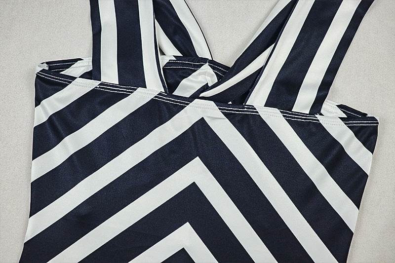 Chic Navy & White Chevron Maxi Dress | Keyhole Twisted Halter for Effortless Style