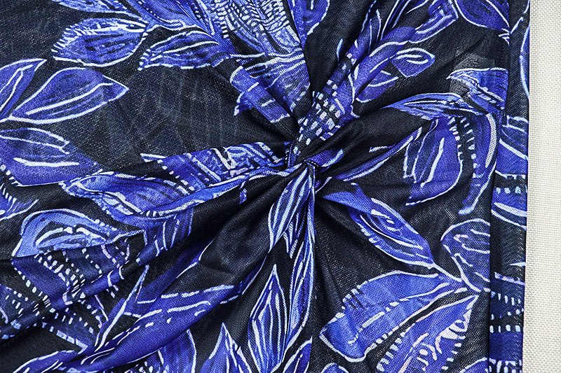 Mesmerizing Blue Leaf Mesh Maxi Dress | Flared Sleeves, Chic Slit & Knot Detail - Perfect for Fall Events & Getaways