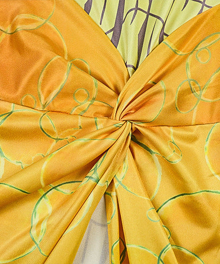 Coastal Chic Long Sleeve Maxi Dress: Ocean Print Knot Detail & High Slit for Your Warm-Weather Getaway