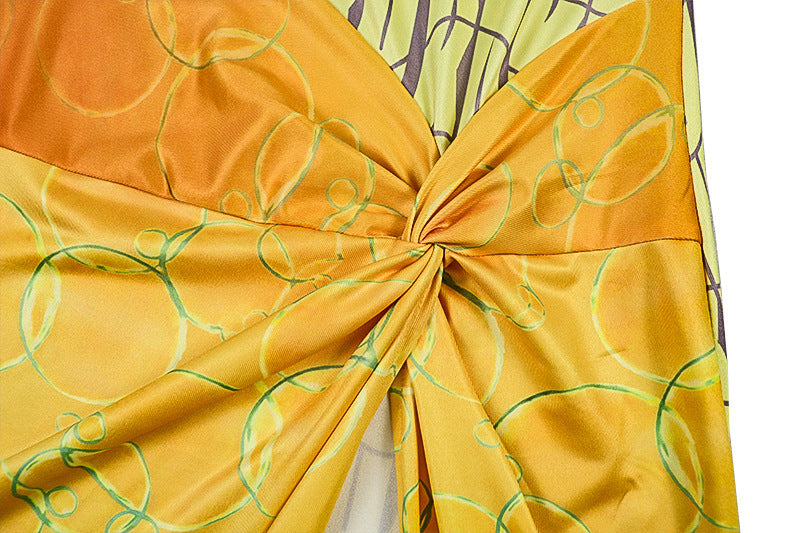 Coastal Chic Long Sleeve Maxi Dress: Ocean Print Knot Detail & High Slit for Your Warm-Weather Getaway