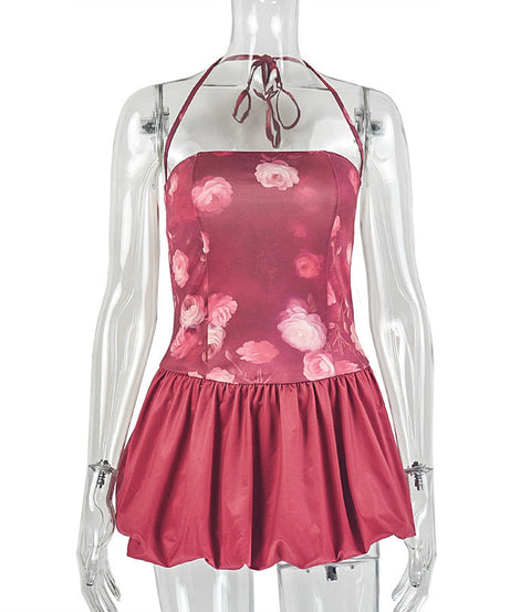 Autumn Rose Halter Mini Dress | Chic Bubble Hem & Romantic Floral Party Style