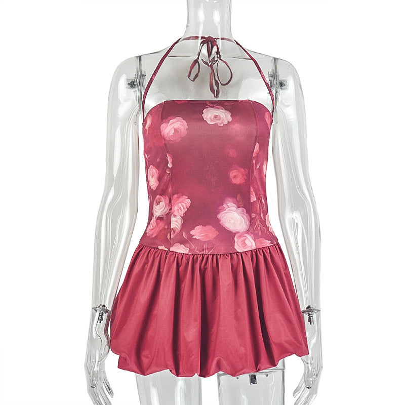 Autumn Rose Halter Mini Dress | Chic Bubble Hem & Romantic Floral Party Style