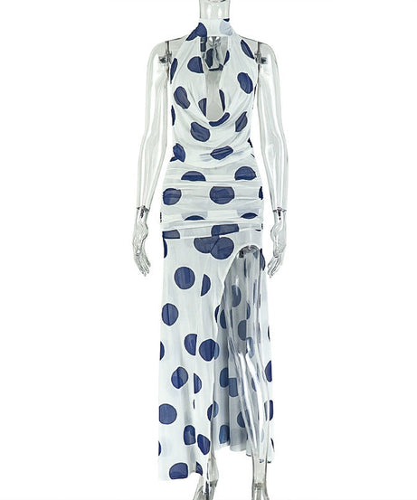 Chic Polka Dot Halter Maxi Dress - Ruched Mesh & High Slit for Fall Getaways