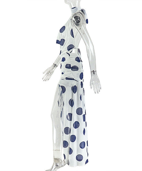 Chic Polka Dot Halter Maxi Dress - Ruched Mesh & High Slit for Fall Getaways