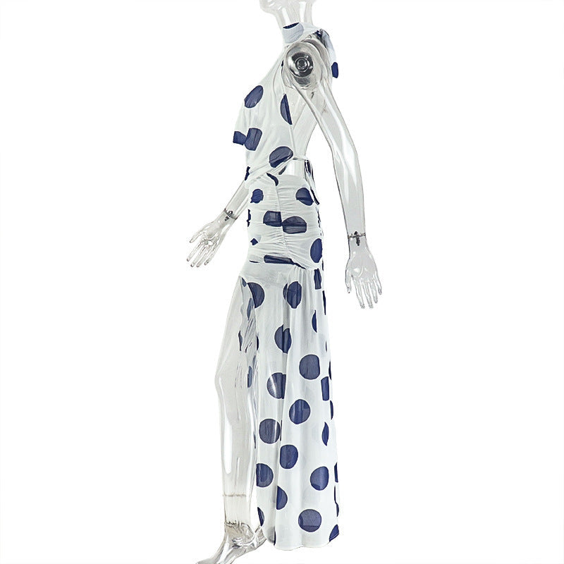 Chic Polka Dot Halter Maxi Dress - Ruched Mesh & High Slit for Fall Getaways