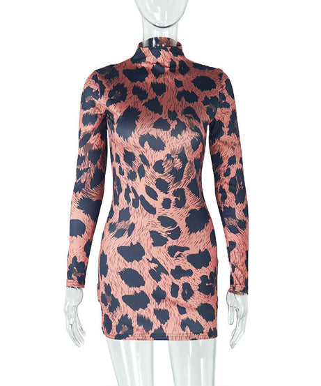 Sleek Fall Statement: High Neck Leopard Print Long Sleeve Bodycon Mini Dress