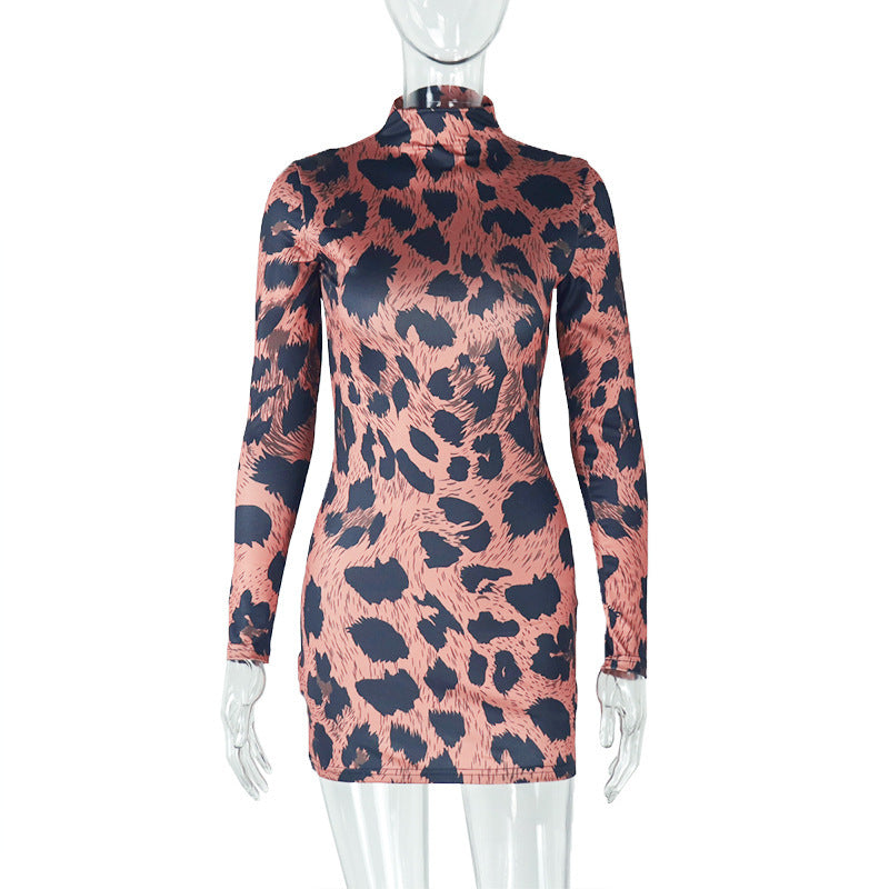 Sleek Fall Statement: High Neck Leopard Print Long Sleeve Bodycon Mini Dress