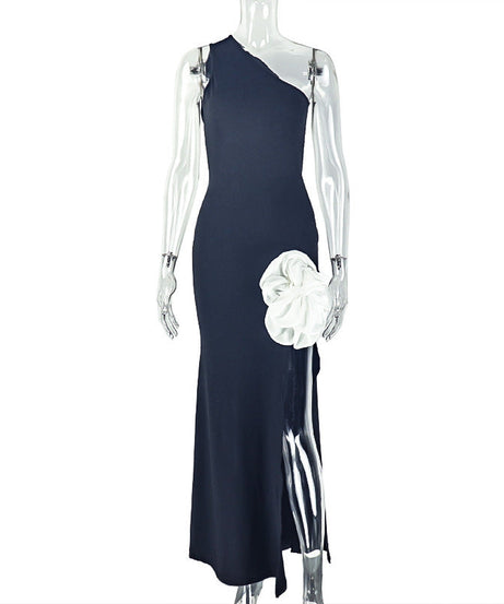 Elegant One-Shoulder Floral Appliqué Maxi Dress with High Slit - Perfect for Fall & Holiday Galas