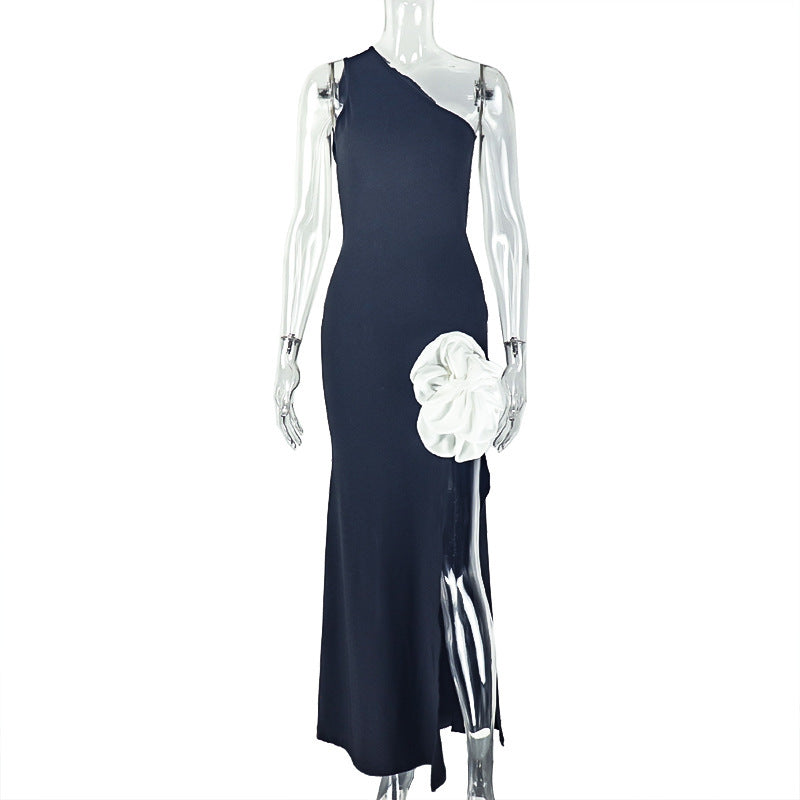 Elegant One-Shoulder Floral Appliqué Maxi Dress with High Slit - Perfect for Fall & Holiday Galas