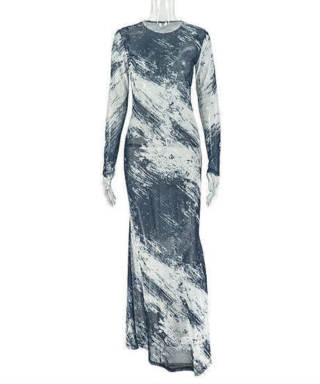 Fall Artistry Mesh Maxi Dress | Long Sleeve Abstract Brushstroke Sheer Bodycon