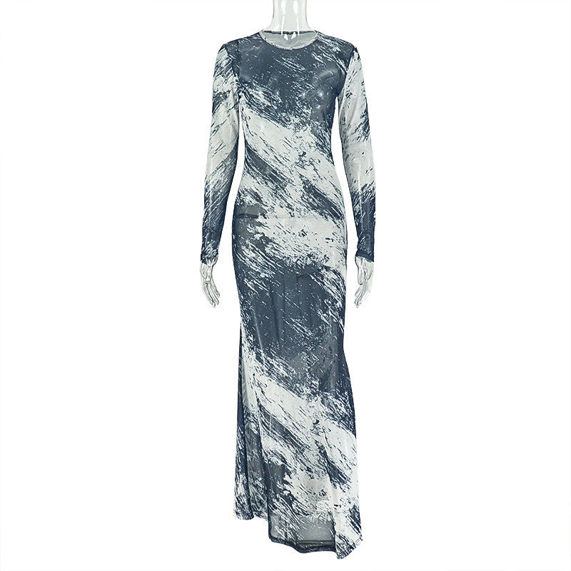 Fall Artistry Mesh Maxi Dress | Long Sleeve Abstract Brushstroke Sheer Bodycon