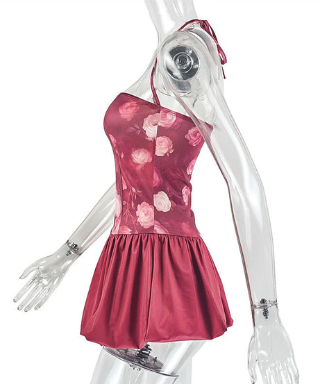 Autumn Rose Halter Mini Dress | Chic Bubble Hem & Romantic Floral Party Style