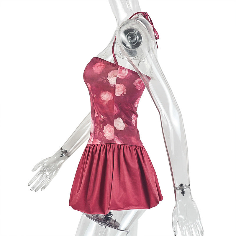 Autumn Rose Halter Mini Dress | Chic Bubble Hem & Romantic Floral Party Style