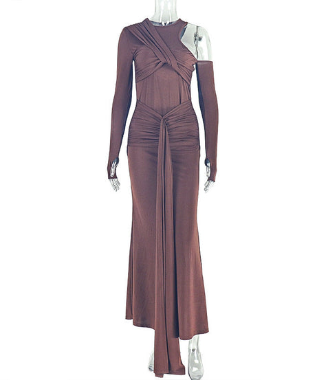 Chic Asymmetrical One-Shoulder Maxi Dress - Rich Mocha Ruched & Draped Fall/Holiday Glamour