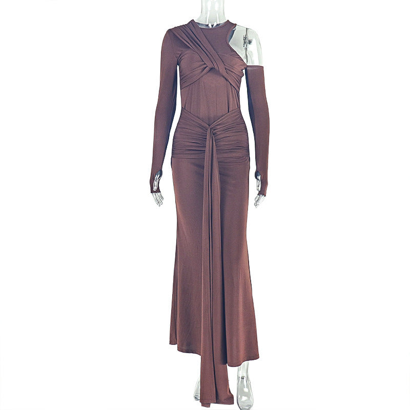 Chic Asymmetrical One-Shoulder Maxi Dress - Rich Mocha Ruched & Draped Fall/Holiday Glamour