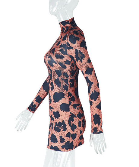 Sleek Fall Statement: High Neck Leopard Print Long Sleeve Bodycon Mini Dress