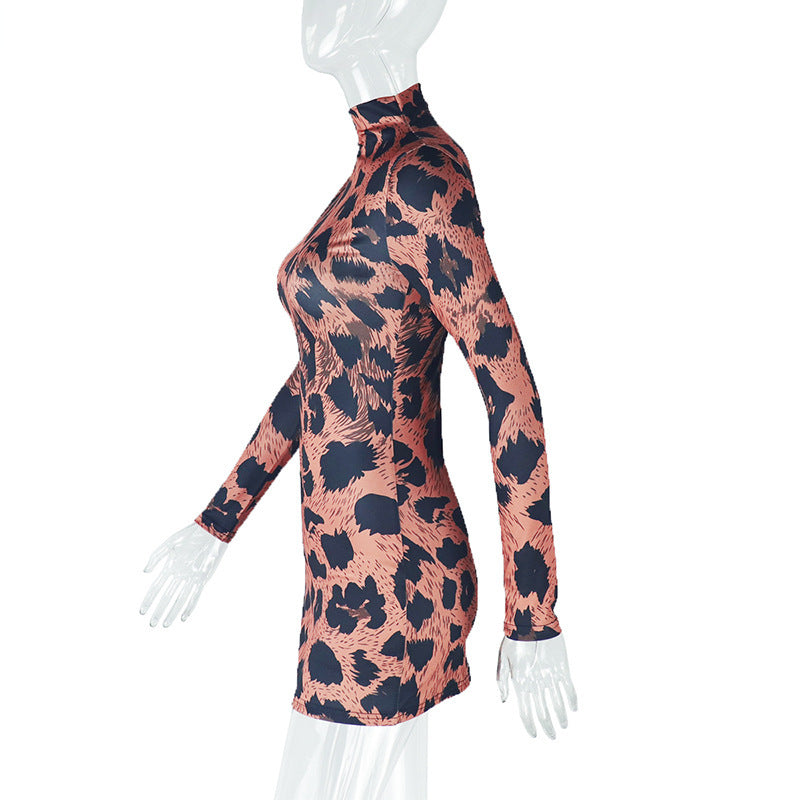 Sleek Fall Statement: High Neck Leopard Print Long Sleeve Bodycon Mini Dress